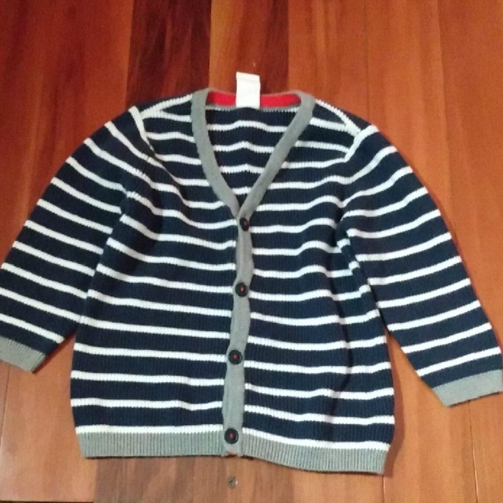 H&M 9-12 Months Baby Boys Navy Blue & White Striped Cardigan Sweater Elbow Patch